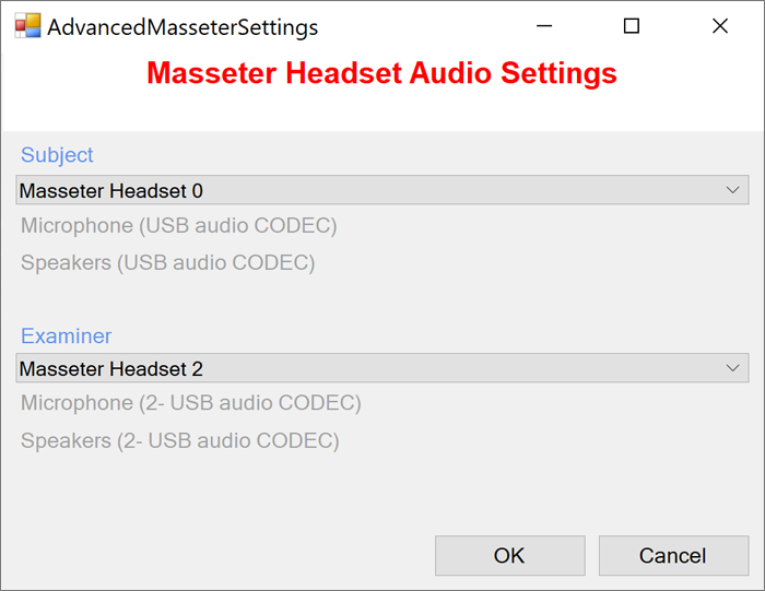 Masseter Headset Audio Settings Dialog Box