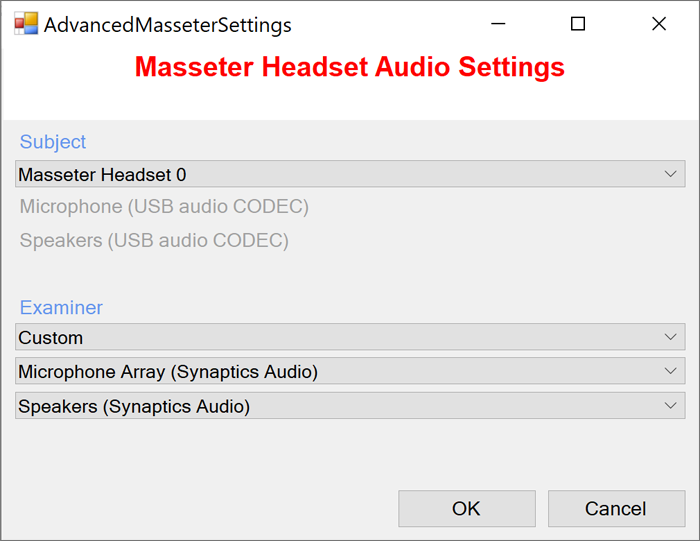 Masseter Headset Audio Settings Dialog Box